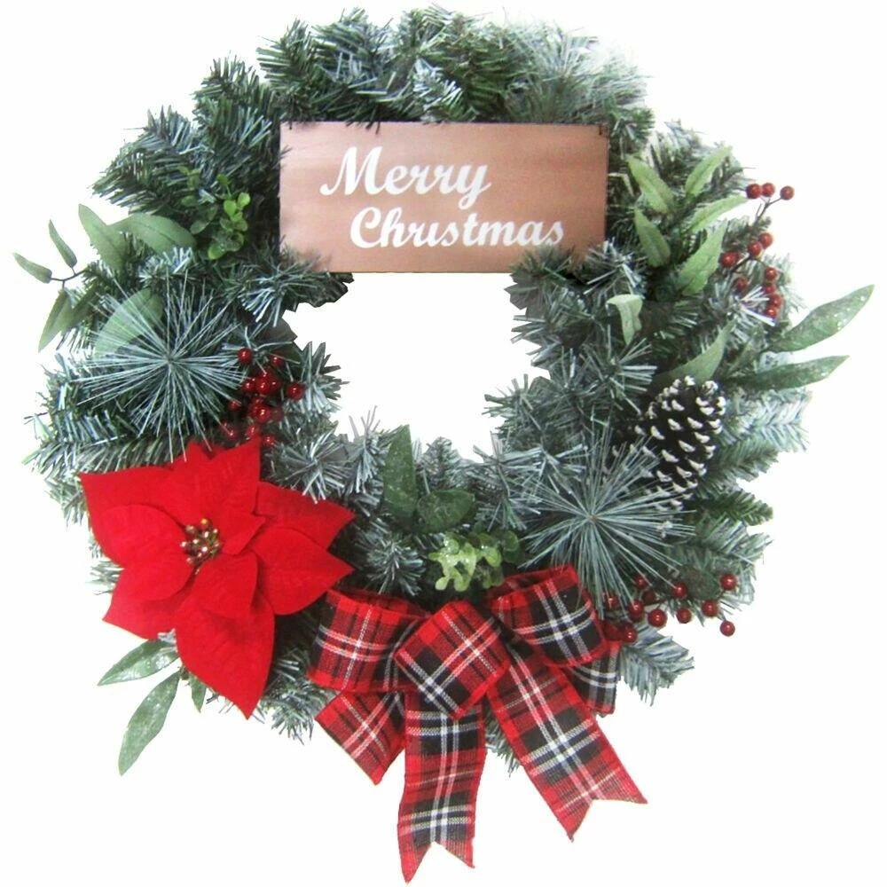 Fraser Hill Farm 24-in. Christmas Wreath W/ Poinsettia Bloom, Bow, & Merry Christmas Wooden Sign 1 Fraser Hill Farm 24-in. Christmas Wreath W/ Poinsettia Bloom, Bow, & Merry Christmas Wooden Sign