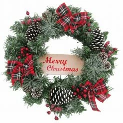 Fraser Hill Farm 24-in. Christmas Frosted Wreath With Pinecones, Berries And Plaid Bows