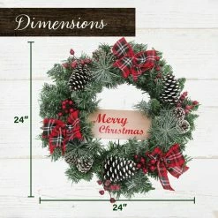 Fraser Hill Farm 24-in. Christmas Frosted Wreath With Pinecones, Berries And Plaid Bows -Christmas store unnamed file 854