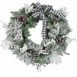 Fraser Hill Farm 24-in. Christmas Snow Flocked Wreath W/ Pinecones, Black & White Buffalo Check Bow
