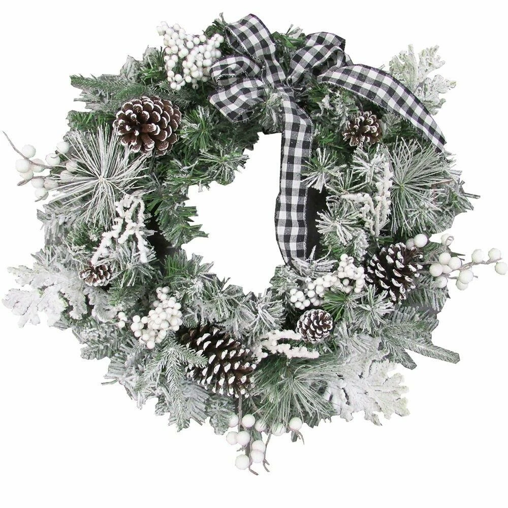 Fraser Hill Farm 24-in. Christmas Snow Flocked Wreath W/ Pinecones, Black & White Buffalo Check Bow 1 Fraser Hill Farm 24-in. Christmas Snow Flocked Wreath W/ Pinecones, Black & White Buffalo Check Bow