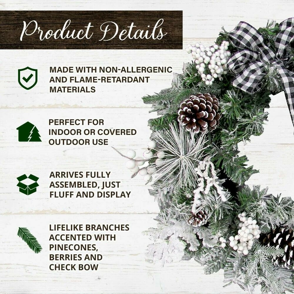 Fraser Hill Farm 24-in. Christmas Snow Flocked Wreath W/ Pinecones, Black & White Buffalo Check Bow 2 Fraser Hill Farm 24-in. Christmas Snow Flocked Wreath W/ Pinecones, Black & White Buffalo Check Bow - Image 2