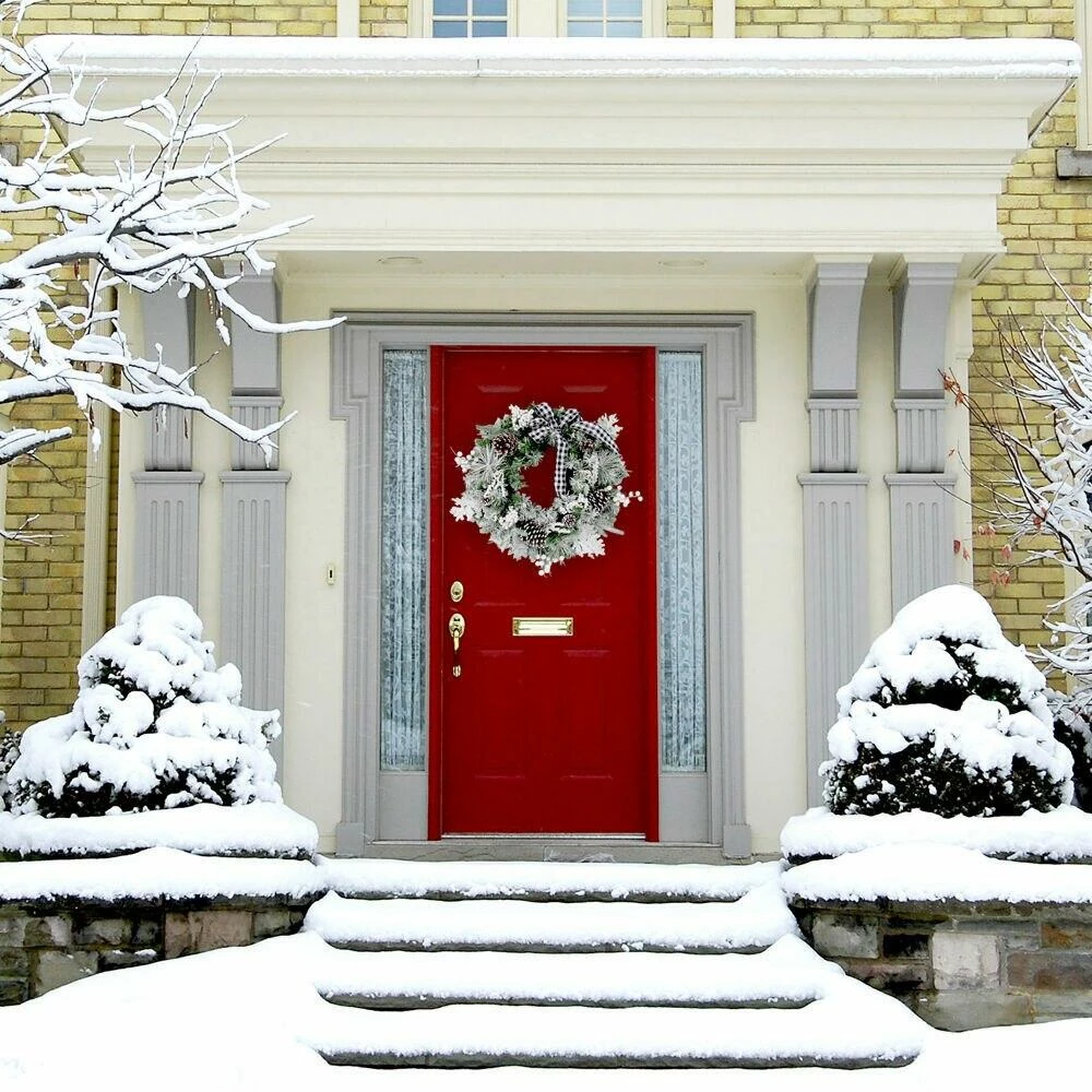 Fraser Hill Farm 24-in. Christmas Snow Flocked Wreath W/ Pinecones, Black & White Buffalo Check Bow 4 Fraser Hill Farm 24-in. Christmas Snow Flocked Wreath W/ Pinecones, Black & White Buffalo Check Bow - Image 4