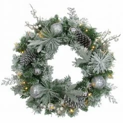 Fraser Hill Farm 24-in. Christmas Prelit Frosted Wreath W/ Ornaments, Pinecones, And Berries