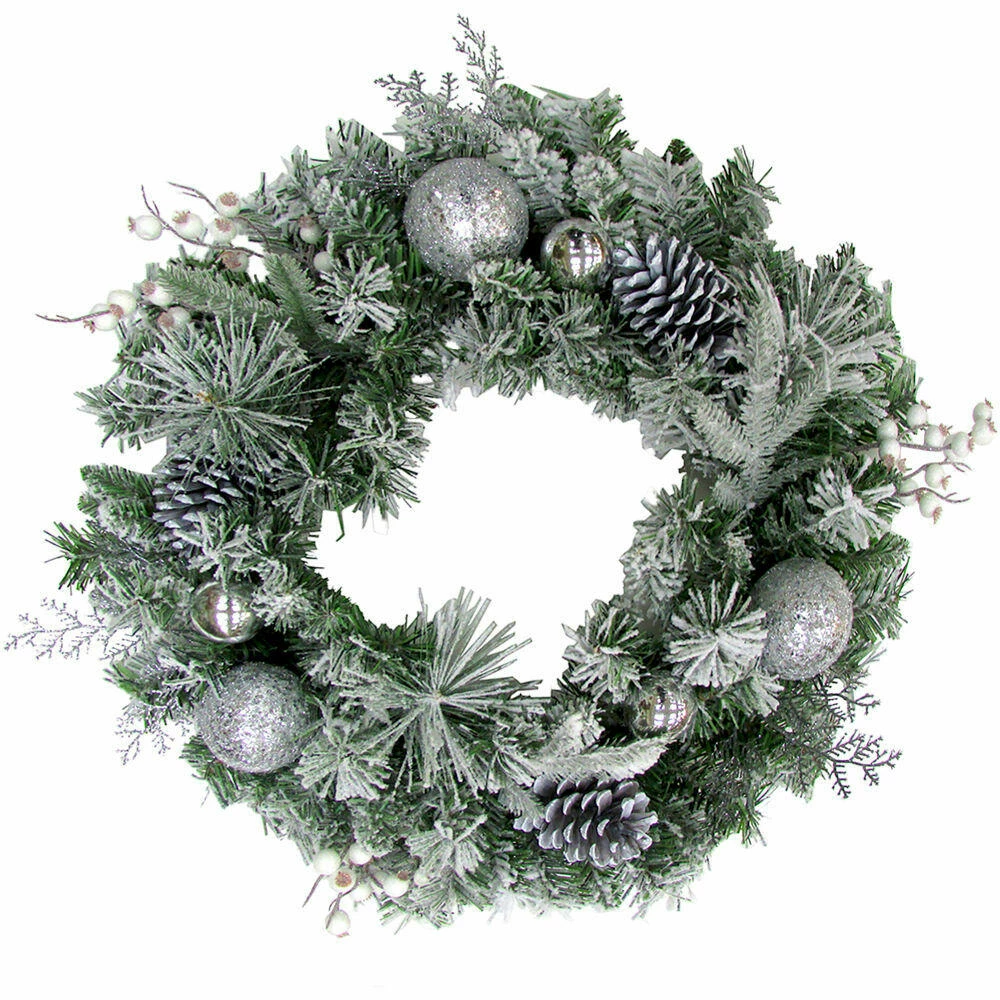 Fraser Hill Farm 24-in. Christmas Frosted Wreath Door Hanging W/ Ornaments, Pinecones, And Berries 1 Fraser Hill Farm 24-in. Christmas Frosted Wreath Door Hanging W/ Ornaments, Pinecones, And Berries