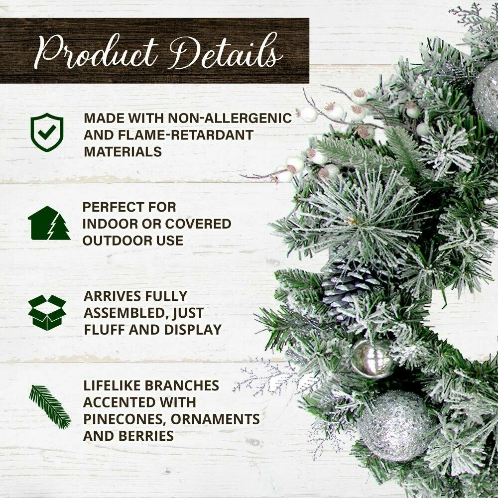 Fraser Hill Farm 24-in. Christmas Frosted Wreath Door Hanging W/ Ornaments, Pinecones, And Berries 2 Fraser Hill Farm 24-in. Christmas Frosted Wreath Door Hanging W/ Ornaments, Pinecones, And Berries - Image 2