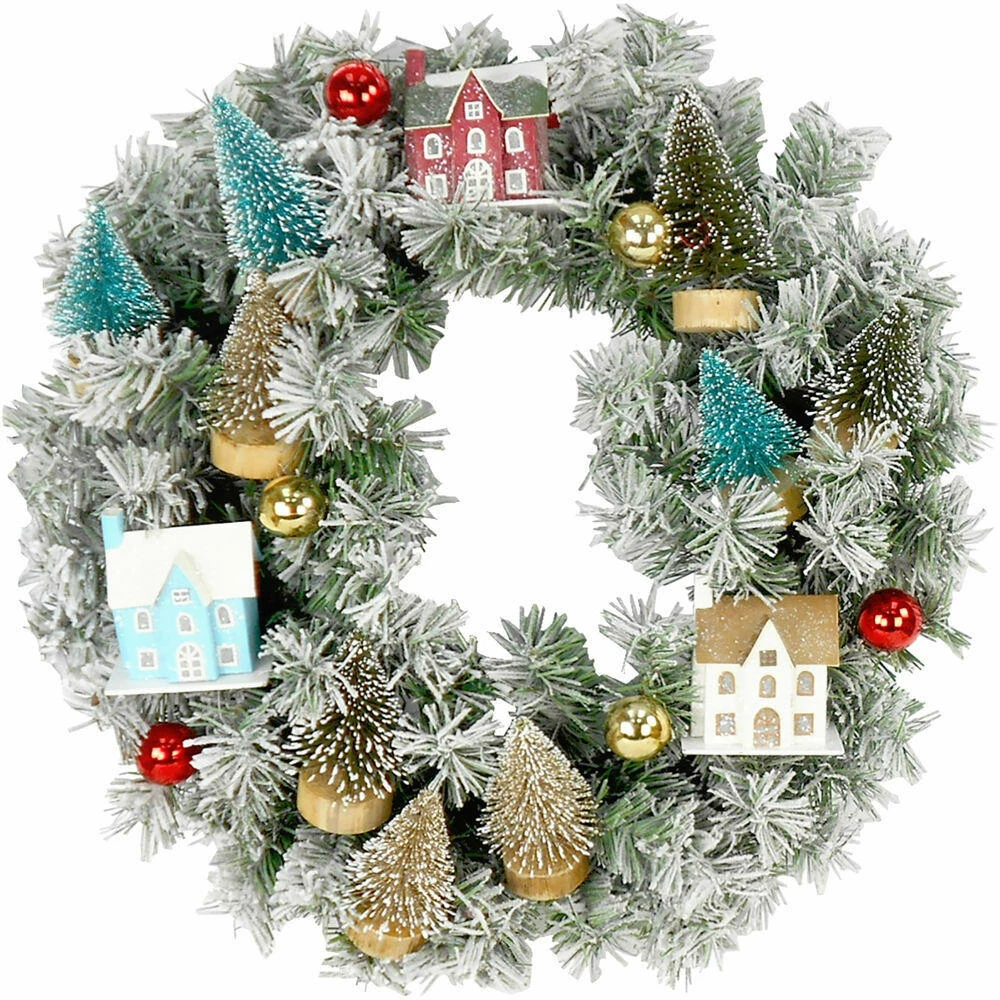 Fraser Hill Farm 24-in. Christmas Snowy Wreath Door Hanging W/ Ornaments, Wood Houses, Trees 1 Fraser Hill Farm 24-in. Christmas Snowy Wreath Door Hanging W/ Ornaments, Wood Houses, Trees