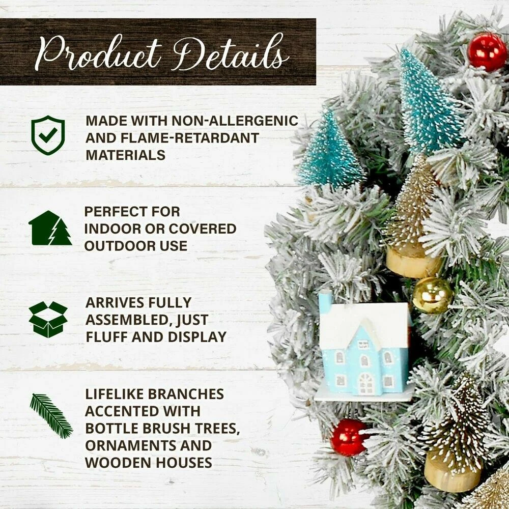 Fraser Hill Farm 24-in. Christmas Snowy Wreath Door Hanging W/ Ornaments, Wood Houses, Trees 2 Fraser Hill Farm 24-in. Christmas Snowy Wreath Door Hanging W/ Ornaments, Wood Houses, Trees - Image 2