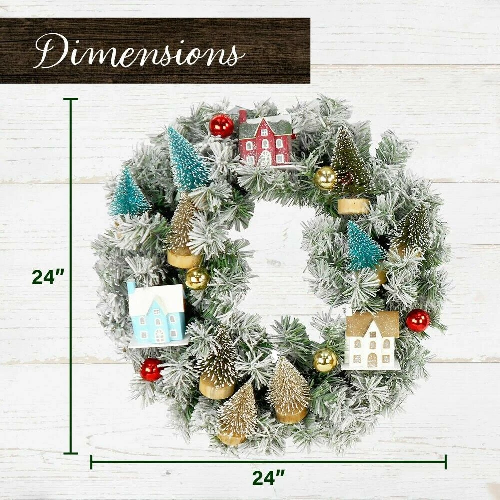 Fraser Hill Farm 24-in. Christmas Snowy Wreath Door Hanging W/ Ornaments, Wood Houses, Trees 3 Fraser Hill Farm 24-in. Christmas Snowy Wreath Door Hanging W/ Ornaments, Wood Houses, Trees - Image 3