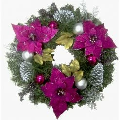 Fraser Hill Farm 24-in. Christmas Wreath W/ Faux Poinsettia Blooms, Ornaments, Pinecones