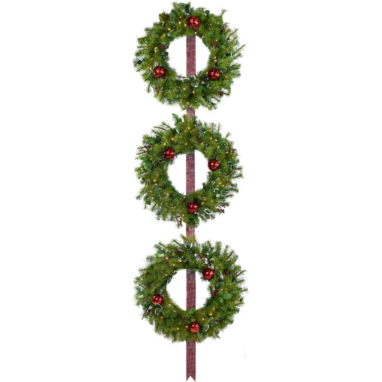 Fraser Hill Farm Set Of 3 Holly Berry 24" Wreaths W/ Ornaments, 150 Battery-Operated LED Lights For Displays 1 Fraser Hill Farm Set Of 3 Holly Berry 24" Wreaths W/ Ornaments, 150 Battery-Operated LED Lights For Displays