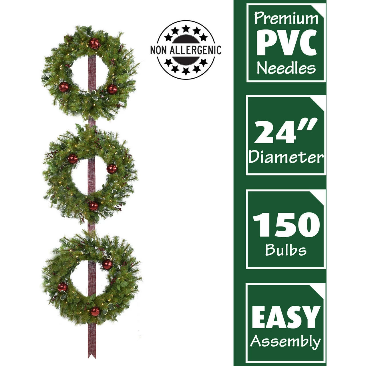 Fraser Hill Farm Set Of 3 Holly Berry 24" Wreaths W/ Ornaments, 150 Battery-Operated LED Lights For Displays 4 Fraser Hill Farm Set Of 3 Holly Berry 24" Wreaths W/ Ornaments, 150 Battery-Operated LED Lights For Displays - Image 4