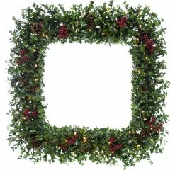 Fraser Hill Farm 36" Evergreen Berry Green Prelit Oversized Square Wreath W/ Pine Cones, Berries, Warm White LEDs