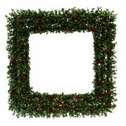 Fraser Hill Farm 48" Evergreen Berry Green Prelit Oversized Square Wreath W/ Pine Cones, Berries, Warm White LEDs