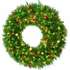 Fraser Hill Farm 48" Round Christmas Pine Wreath Trimmed W/ Ornaments And Warm White LEDs