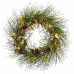 Fraser Hill Farm 36" Round Christmas Green Pine Wreath Trimmed W/ Gold Magnolia Leaves, Pine Cones